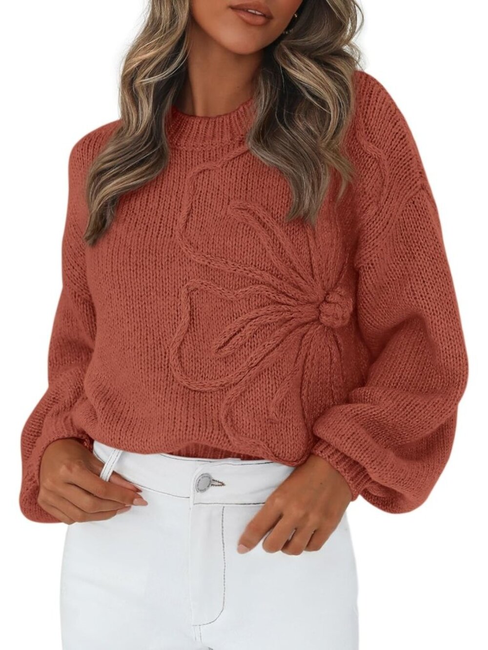 ๐Women's Red Brown Oversized 3D Floral Knit Sweater Crew Neck Lantern Sleeve